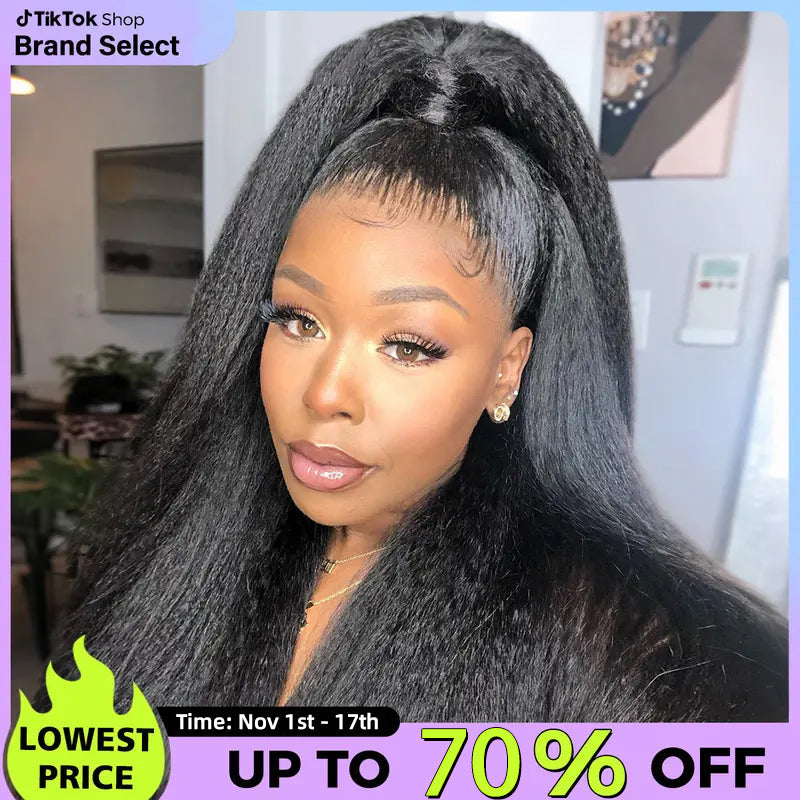 UP TO 70%OFF🔥Pre-Cut Lace Kinky Straight 360 Full Lace Frontal Glueless Wig With Invisi Drawstring Pre Plucked Human Hair Wig