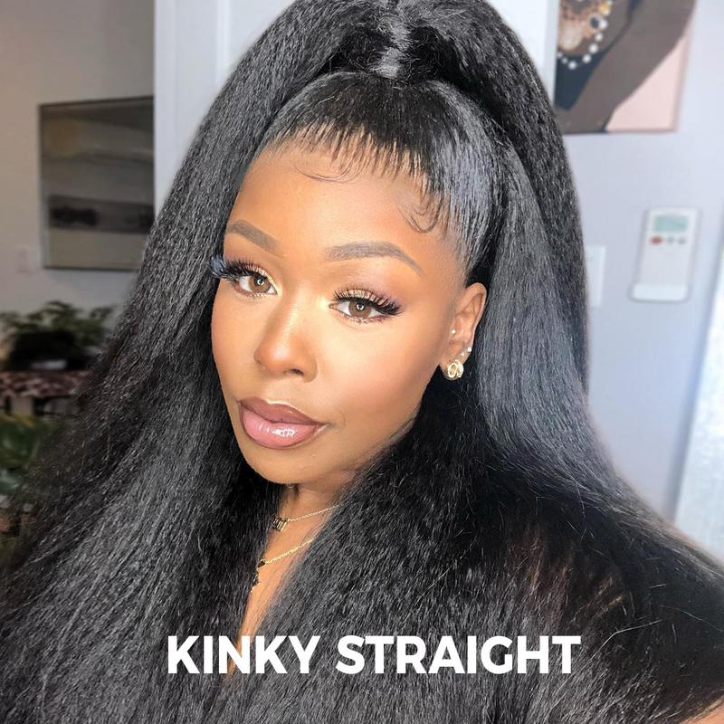 UP TO 70%OFF🔥Pre-Cut Lace Kinky Straight 360 Full Lace Frontal Glueless Wig With Invisi Drawstring Pre Plucked Human Hair Wig